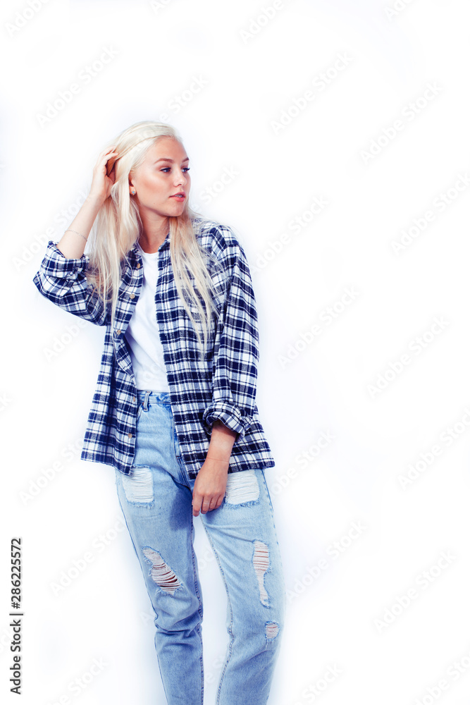 young pretty blond teenage girl close up portrait, lifestyle people concept isolated, teens fashion