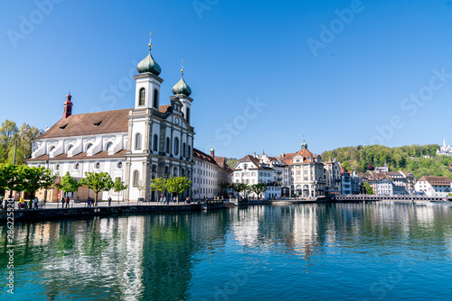 View of european town across water