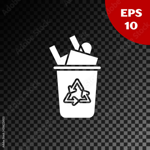 White Recycle bin with recycle symbol icon isolated on transparent dark background. Trash can icon. Garbage bin sign. Recycle basket sign. Vector Illustration