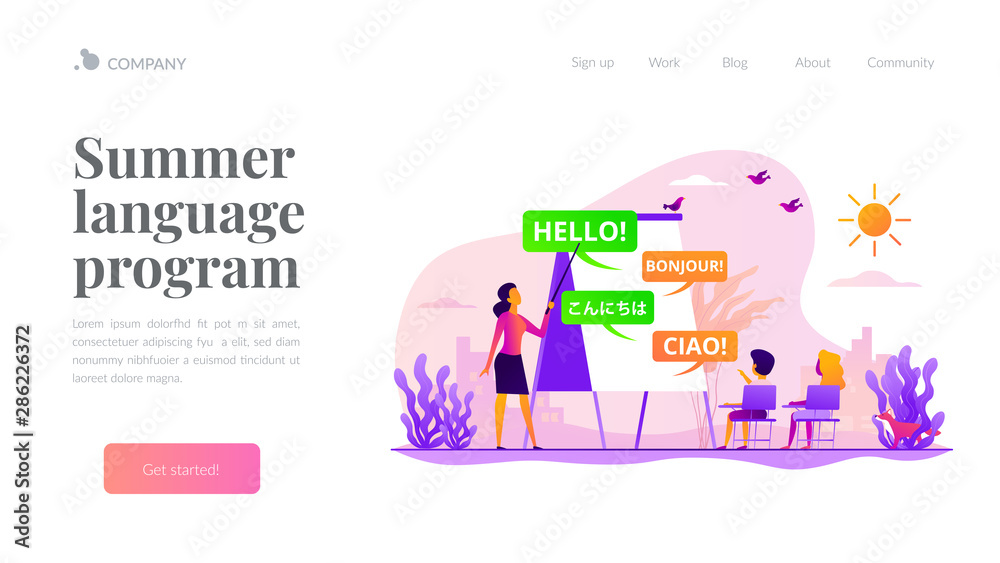 Language courses, classes teacher, native speaker. Kids speaking club. Language learning camp, summer language program, learn foreign languages concept. Website homepage header landing web page