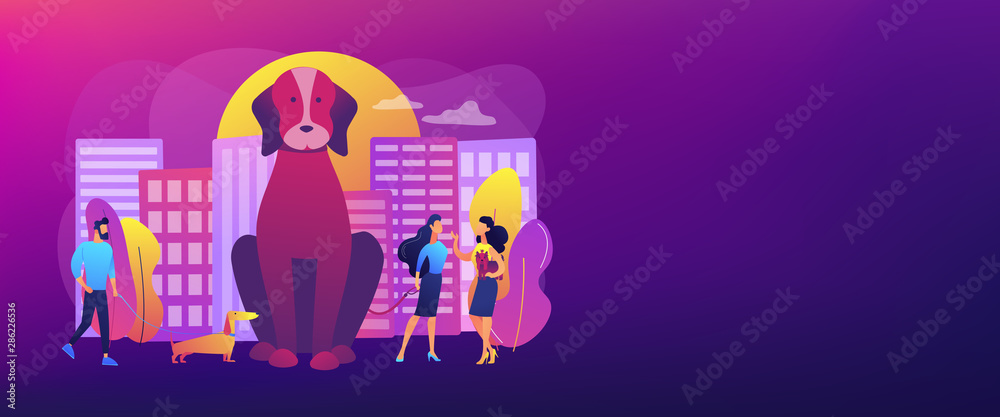 Dog lovers. People walking with puppies outdoors, in public place. Pet in the big city, city pets walking place, dogs convenient city concept. Header or footer banner template with copy space. Dog lovers. People walking with puppies outdoors, in public place. Pet in the big city, city pets walking place, dogs convenient city concept. Header or footer banner template with copy space.