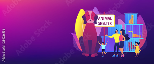 Family in shelter choosing puppy. Homeless dogs in cages. Animal shelter, rescues for pet adoption, come to pick a friend concept. Header or footer banner template with copy space.