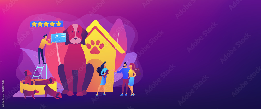 Dog breeding, buying puppy at pet store. Domestic animal. Couple adopting puppy. Breed club, top breed standard, buy your purebred pet here concept. Header or footer banner template with copy space.
