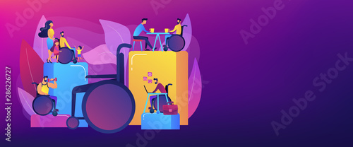 Social adjustment. People with special needs. Social adaptation of disabled people, social environment adaptation, social technologies concept. Header or footer banner template with copy space.