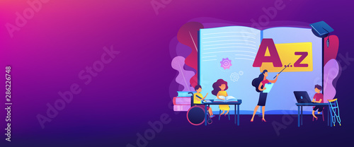 Disabled children studying in school. Learning program. Inclusive education, social and communicative competence, inclusive environment concept. Header or footer banner template with copy space.