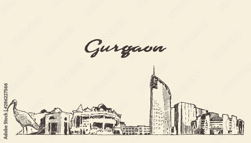Gurgaon skyline Haryana India drawn vector sketch