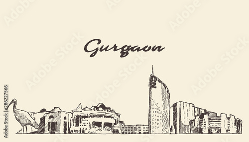 Gurgaon skyline Haryana India drawn vector sketch photo
