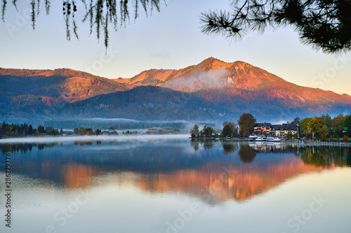 Beautiful water reflection at Wolfgangsee, Austria. 