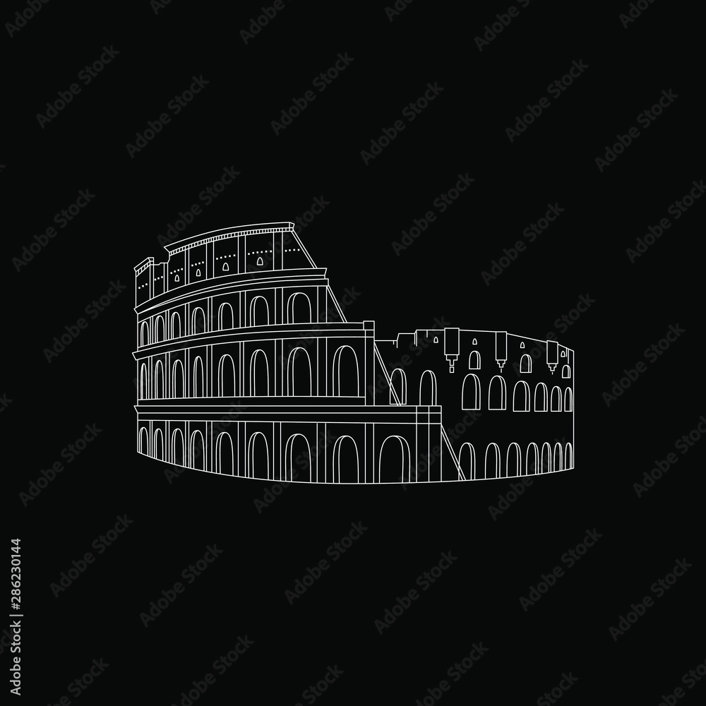 Negative Vector illustration of Colosseum (Coliseum) in Rome, Italy. Famous monument of antiquity. Simple Design outline.