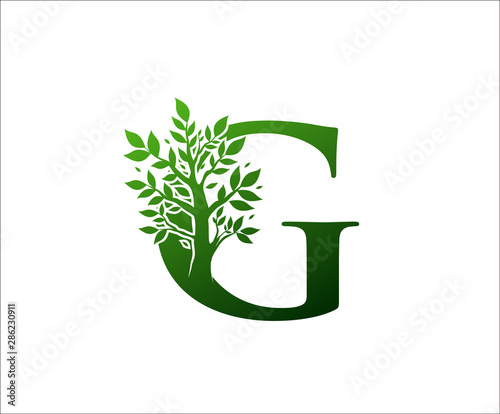 G Logo Letter Created From Tree Branches and Leaves. Tree Letter Design with Ecology Concept..