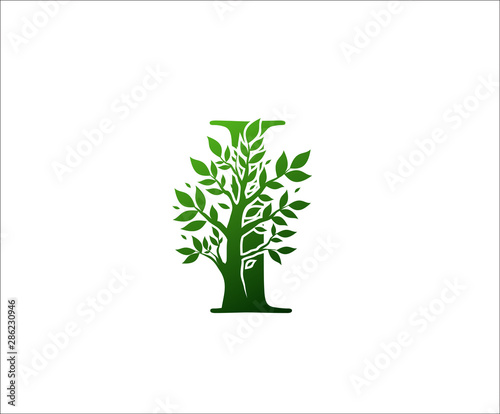 I Logo Letter Created From Tree Branches and Leaves. Tree Letter Design with Ecology Concept..