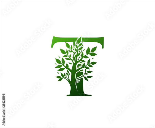 T Logo Letter Created From Tree Branches and Leaves. Tree Letter Design with Ecology Concept..