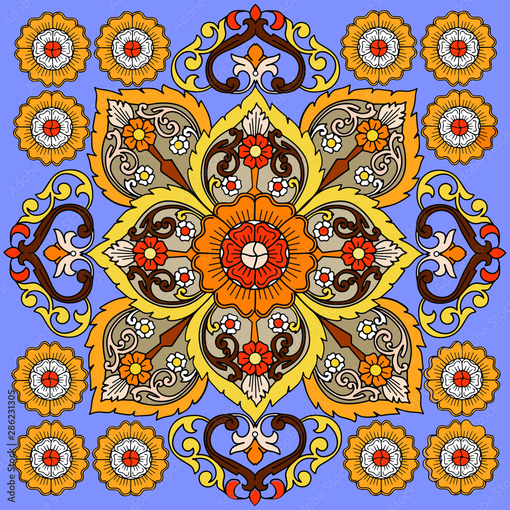 Seamless pattern. Vector with bright ornament. The colors are sunny. Exquisite swirl geometric decor for wallpapers and tiles.