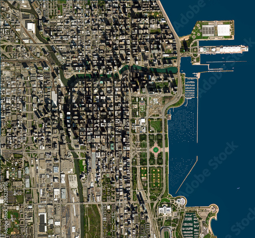 Fototapeta Naklejka Na Ścianę i Meble -  High resolution Satellite image of Chicago, USA (Isolated imagery of USA. Elements of this image furnished by NASA)