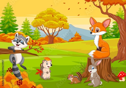 Fototapeta Naklejka Na Ścianę i Meble -  Cartoon wild animals in the autumn forest