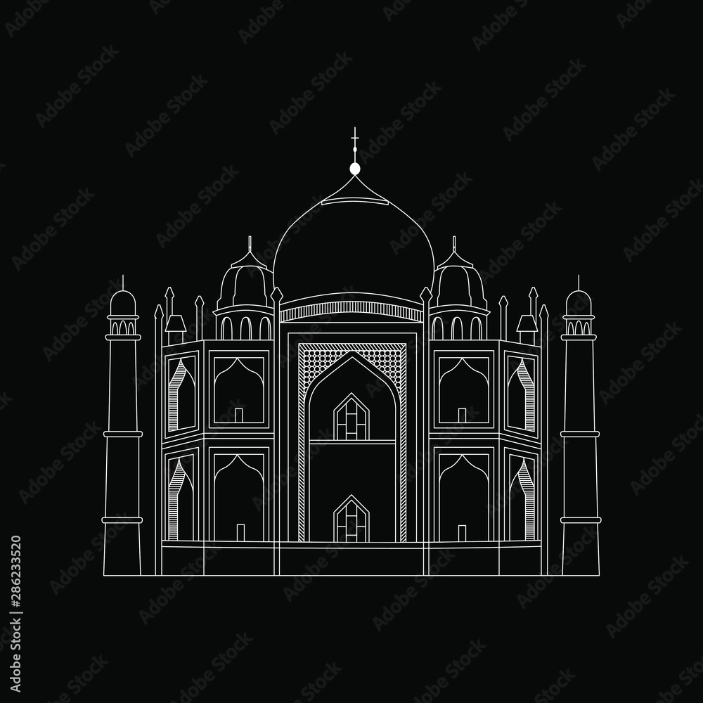 The Taj Mahal is a mausoleum in Agra, Uttar Pradesh, India. Famous Architectural Monument. Simple negative outline Design.