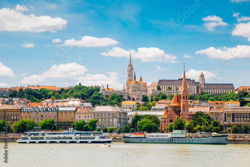 Buda district Fisherman's Bastion and St. Matthias Church with Danube river in Budapest, Hungary