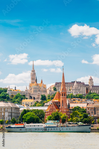 Buda district Fisherman's Bastion and St. Matthias Church with Danube river in Budapest, Hungary
