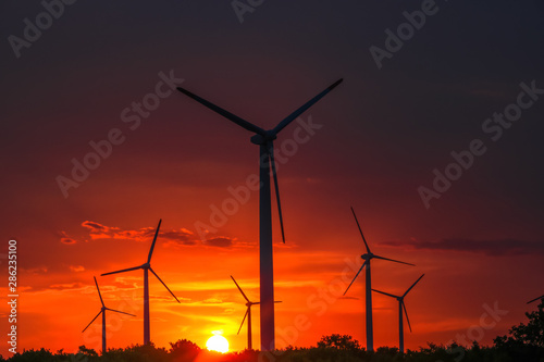 Landscape of evening with wind turbines