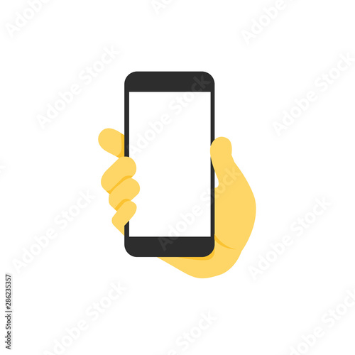 yellow hand holding smartphone isolated on white background illustration vector