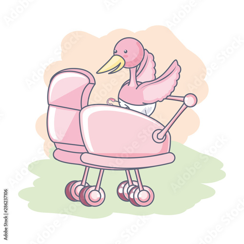 cute stork animal with diaper and baby cart