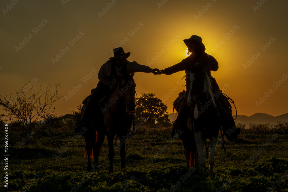 silhouette of cowboys riding horseback and shaking hand at sunset