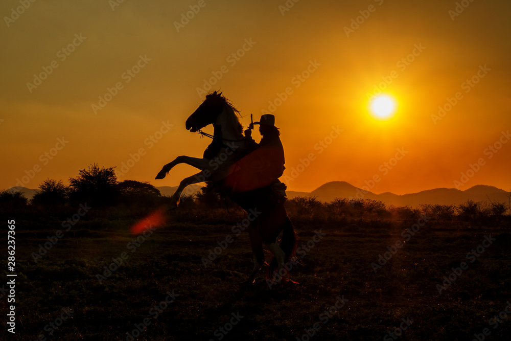 silhouette of a rider cowboy in cowboy style on horse during sunset