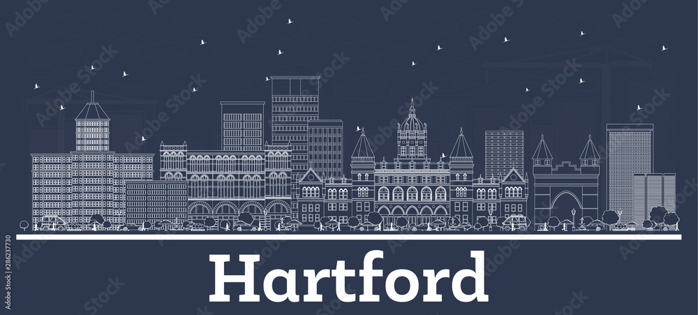 Outline Hartford Connecticut USA City Skyline with White Buildings.