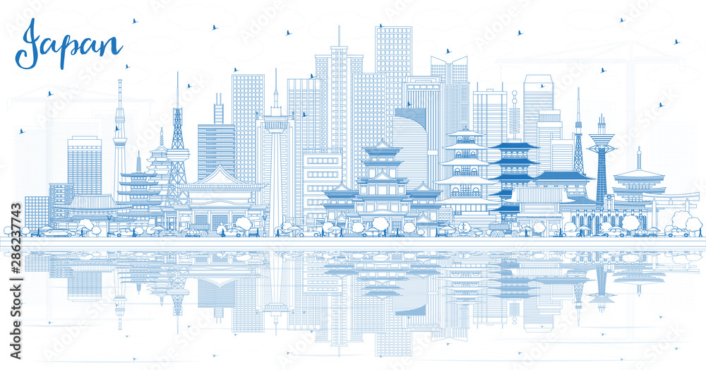 Outline Welcome to Japan Skyline with Blue Buildings and Reflections.