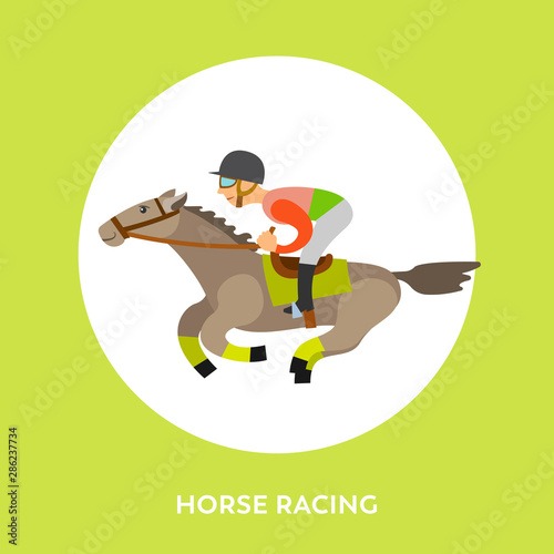 Horse racing sports vector, rider wearing helmet sitting horseback isolated character in frame with letering. Equestrian race, horserace competition flat style