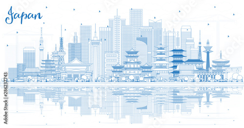 Outline Welcome to Japan Skyline with Blue Buildings and Reflections.