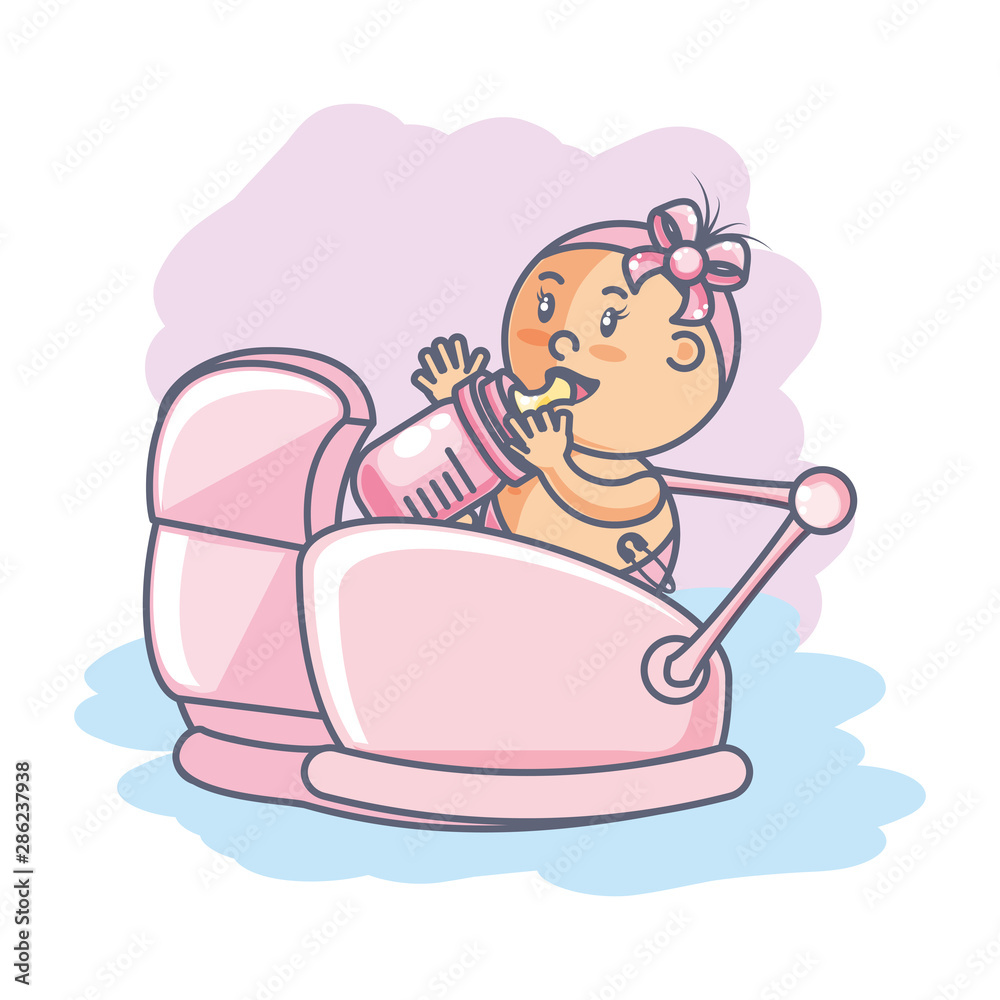 cute girl newborn in baby cart isolated icon cute girl newborn in baby cart isolated icon