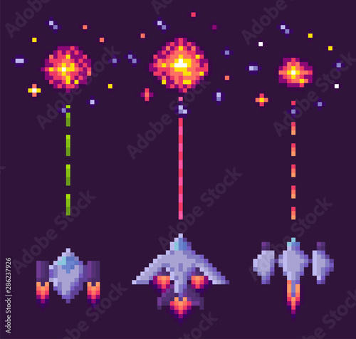 Spaceship shooting, explosion of pixelated object, invaders and cosmic sign on purple, video and pixel game, rocket war, dotted line and bang from vehicle vector. 8 bit old video-game