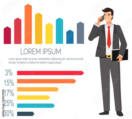 Man talking on phone vector, business communication with help of modern devices smartphone. Male with info charts and infographics, businessman in suit. Flat cartoon. Business analysis and consulting
