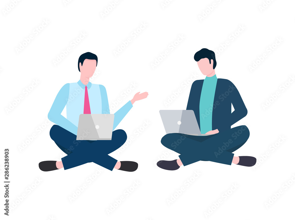 Men sitting in lotus position with laptop, people working with wireless device, portrait view of employees in suit discussing work, using computer vector. Flat cartoon Men sitting in lotus position with laptop, people working with wireless device, portrait view of employees in suit discussing work, using computer vector. Flat cartoon