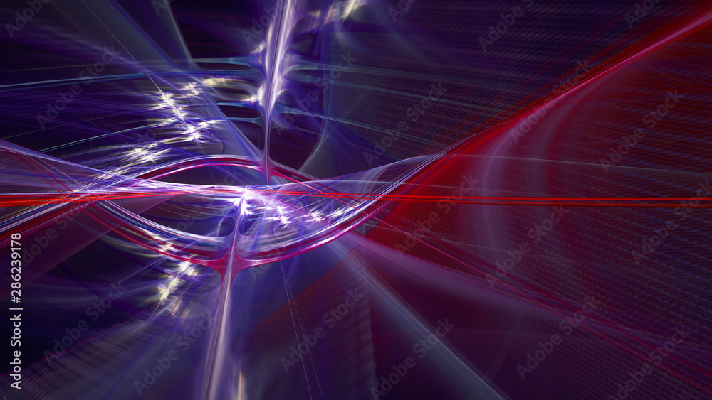 Abstract violet and red background element on black. Fractal graphics 3d Illustration. Three-dimensional composition of glowing lines and motion blur traces. Movement and innovation concept.