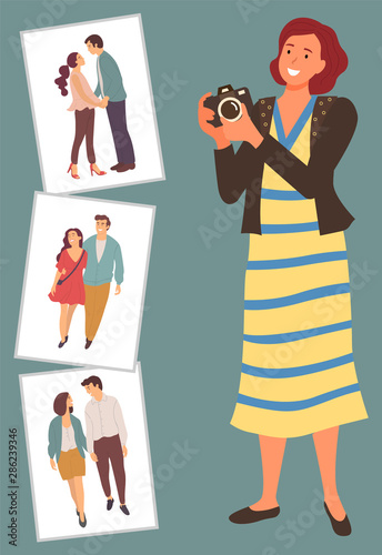 Photoset, woman photographer with digital camera and love story photos vector. Couple portraits, men and women holding hands, romantic pictures or shots. Flat cartoon