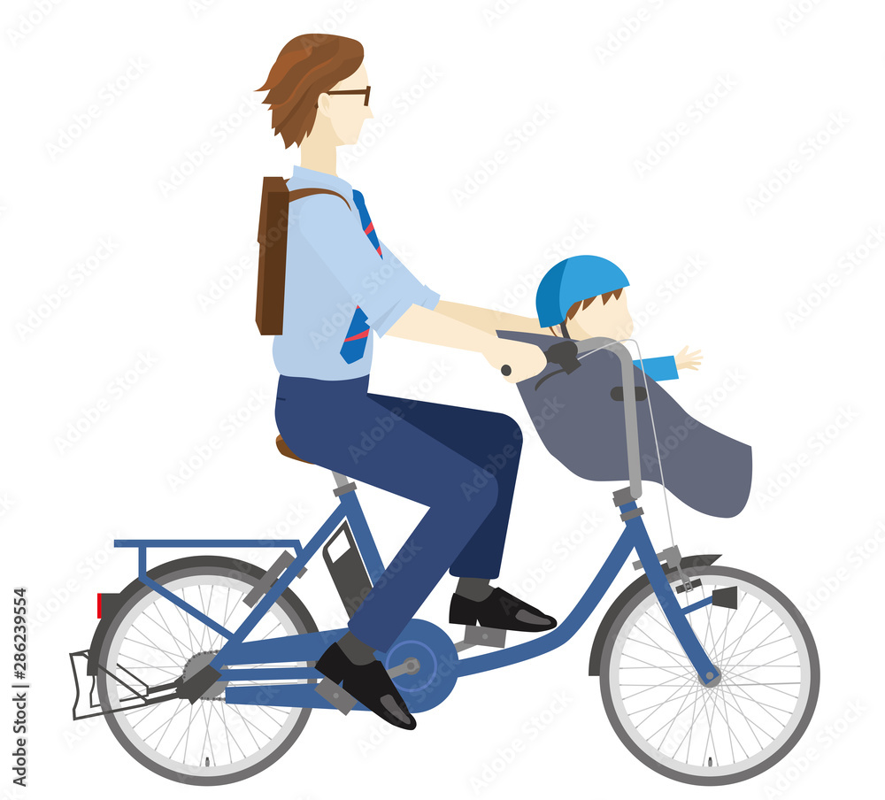 電動アシスト自転車に乗る親子のイラスト チャイルドシート 2人乗り スーツ 父子 インフォグラフィック Stock Vector Adobe Stock