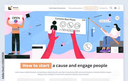 How to start cause and engage people vector with phone number of client customer. Woman fishing and looking for person call and email message. Webpage template, customer base phone, website marketing