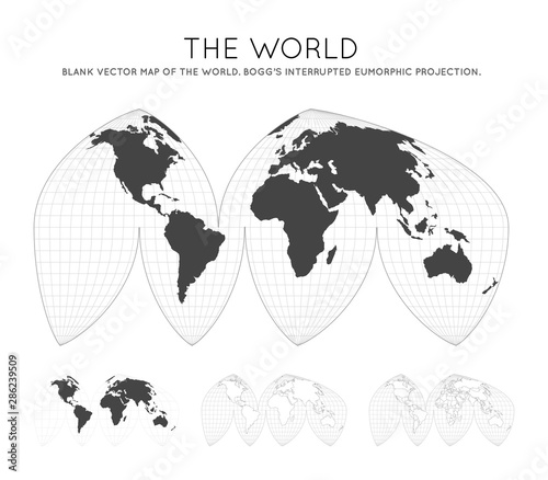 Map of The World. Boggs' interrupted eumorphic projection. Globe with latitude and longitude lines. World map on meridians and parallels background. Vector illustration.