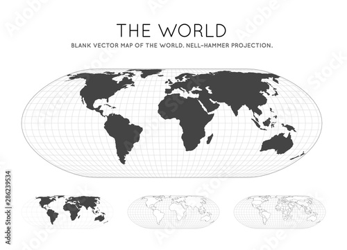Map of the World. Nell-Hammer projection. Globe with latitude and longitude lines. World map on meridians and parallels background. Vector illustration.