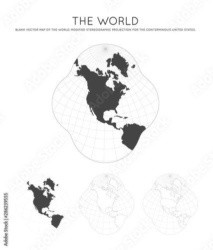 Map of the World. Modified stereographic projection for the conterminous United States. Globe with latitude and longitude lines. World map on meridians and parallels background. Vector illustration.