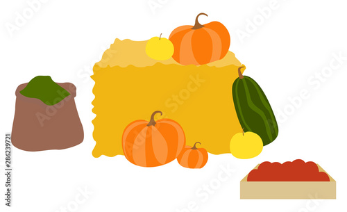 Pumpkin and cucumbers vector, isolated hay bale with products organic harvested production from farm. Flat style apples and spices, tomato in bag. Flat cartoon