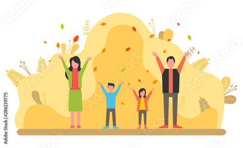 Happy people throw up leaves, parents walking with children. Man and woman wearing casual clothes, leisure in park in autumn time, relationship vector. Flat cartoon