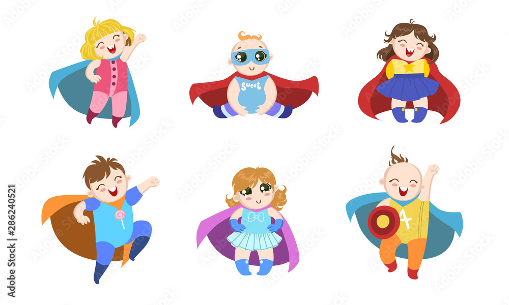 Cute Superhero Babies Set, Happy Adorable Boys and Girls in Costumes of Superhero and Capes Vector Illustration