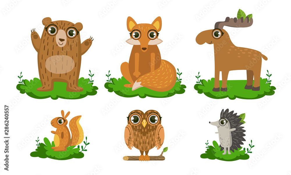 Cute Woodland Animals Set, Owl, Hedgehog, Bear, Fox, Moose Vector Illustration Cute Woodland Animals Set, Owl, Hedgehog, Bear, Fox, Moose Vector Illustration