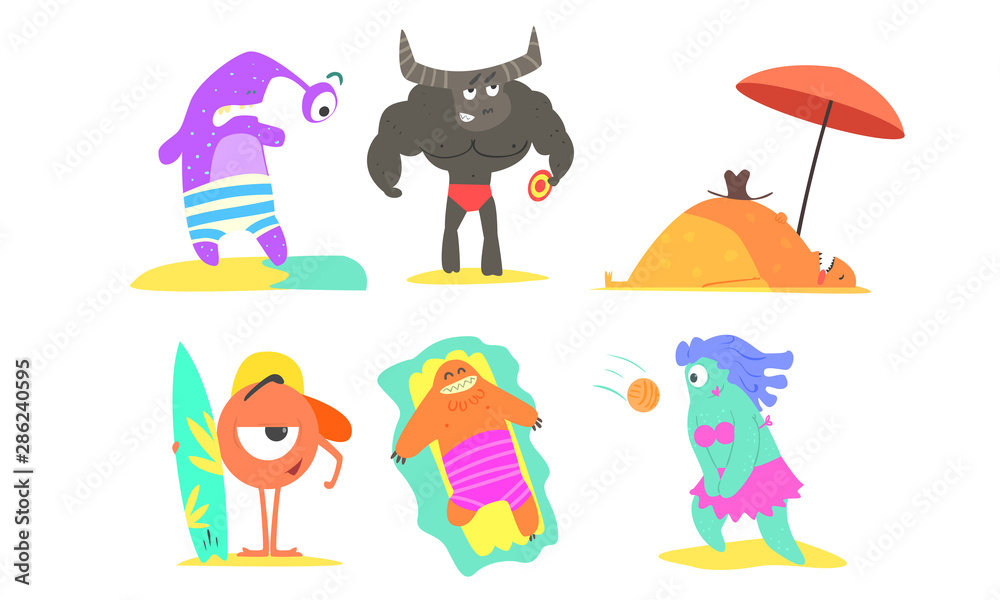 Funny Monsters on Beach Set, Cute Happy Mutants Sunbathing, Playing Volleyball, Surfing Vector Illustration