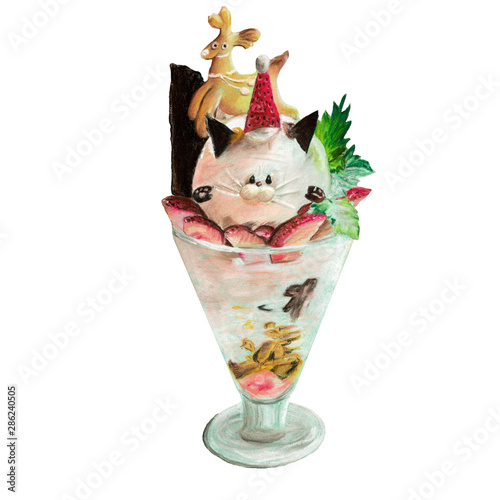  Festive Christmas dessert made of souffle in the form of a cat  strawberries  gingerbread in the shape of a deer  in a tall glass. Hand-drawn soft pastel  for menus  decor  books  magazines