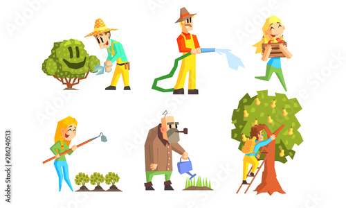 People Working in Garden Set, Cheerful Farmers Watering Plants, Harvesting, Trimming Bush, Spudding Potatoes Vector Illustration © topvectors
