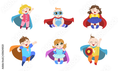 Cute Superhero Babies Set  Happy Adorable Boys and Girls in Costumes of Superhero and Capes Vector Illustration